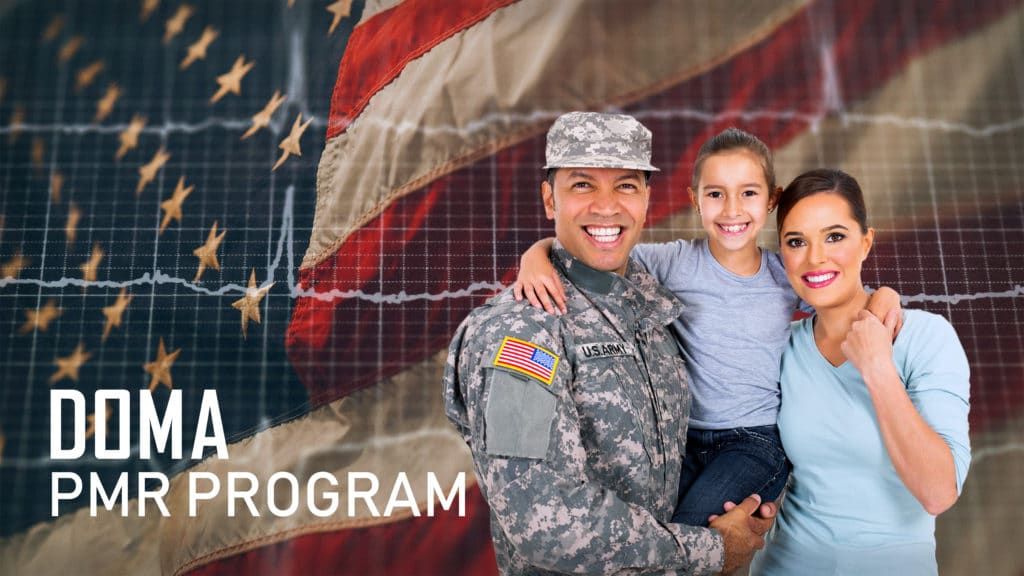 A soldier and their family in from of the American Flag